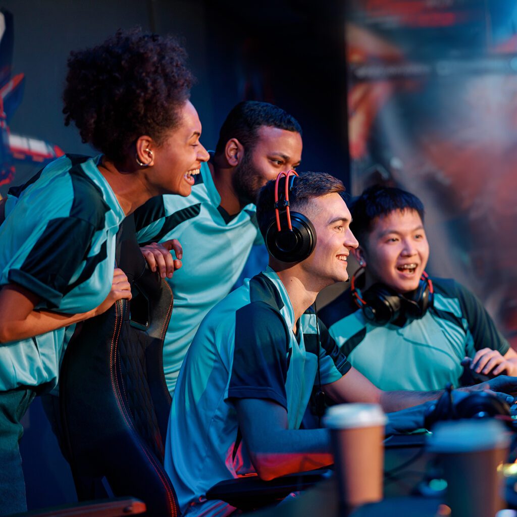 happy gamers involved in online video game at comp 2024 10 18 08 09 17 utc