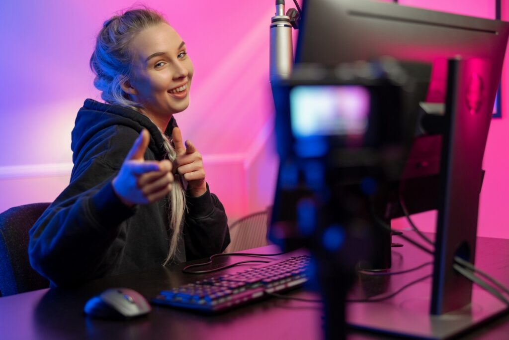 funny and smiling e sport gamer girl vlogging and 2026 01 08 07 11 29 utc